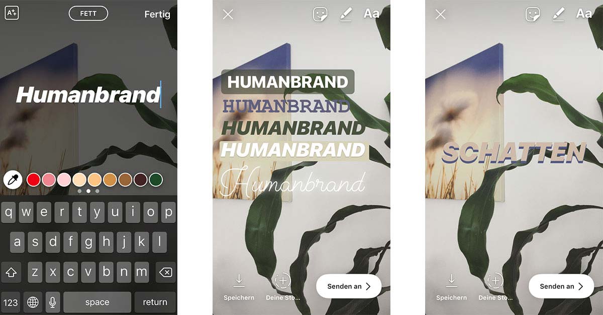 Auf dem Bild sieht man 3 Screenshots von Instagram Stories. In verschiedenen Schriftarten steht auf den Bildern Humanbrand.