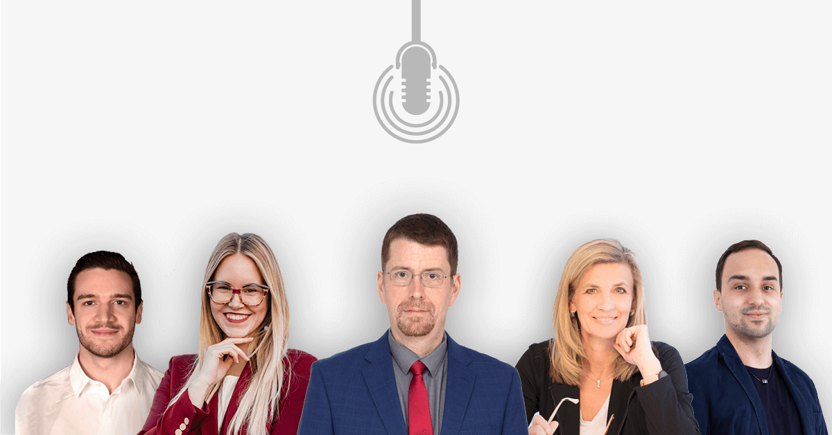 Das Bild zeigt die Profile von drei Männern und zwei Frauen, die in Podcasts über die Digitalisierung in Zeiten der Corona-Krise sprechen.